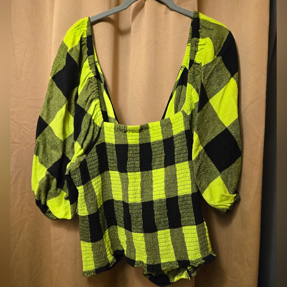 BP. + WILDFANG Smocked Flannel Top Green/Black Buffalo Check Size 3x NEW - Picture 4 of 4